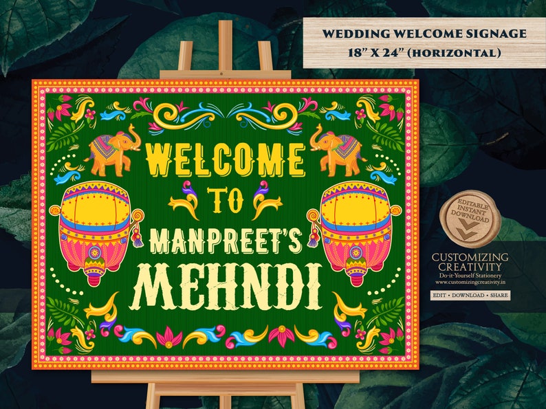 Mehndi Welcome Signs as Mehndi Signs, Jaggo Welcome signs & Mendhi signs, Punjabi Wedding Maiyan Signs as Mehendi decor sign Rickshaw Desi image 1