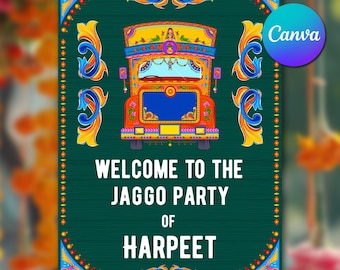 Modello di cartello di benvenuto per la festa Punjabi Jaggo, cartello di benvenuto modificabile per matrimonio indiano su Canva, cartello di benvenuto per la festa Jaggo Night con grafica per camion, download immediato e stampabile.