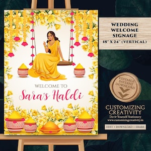 Letrero de bienvenida Haldi: Decoración para bodas indias (Plantilla digital)