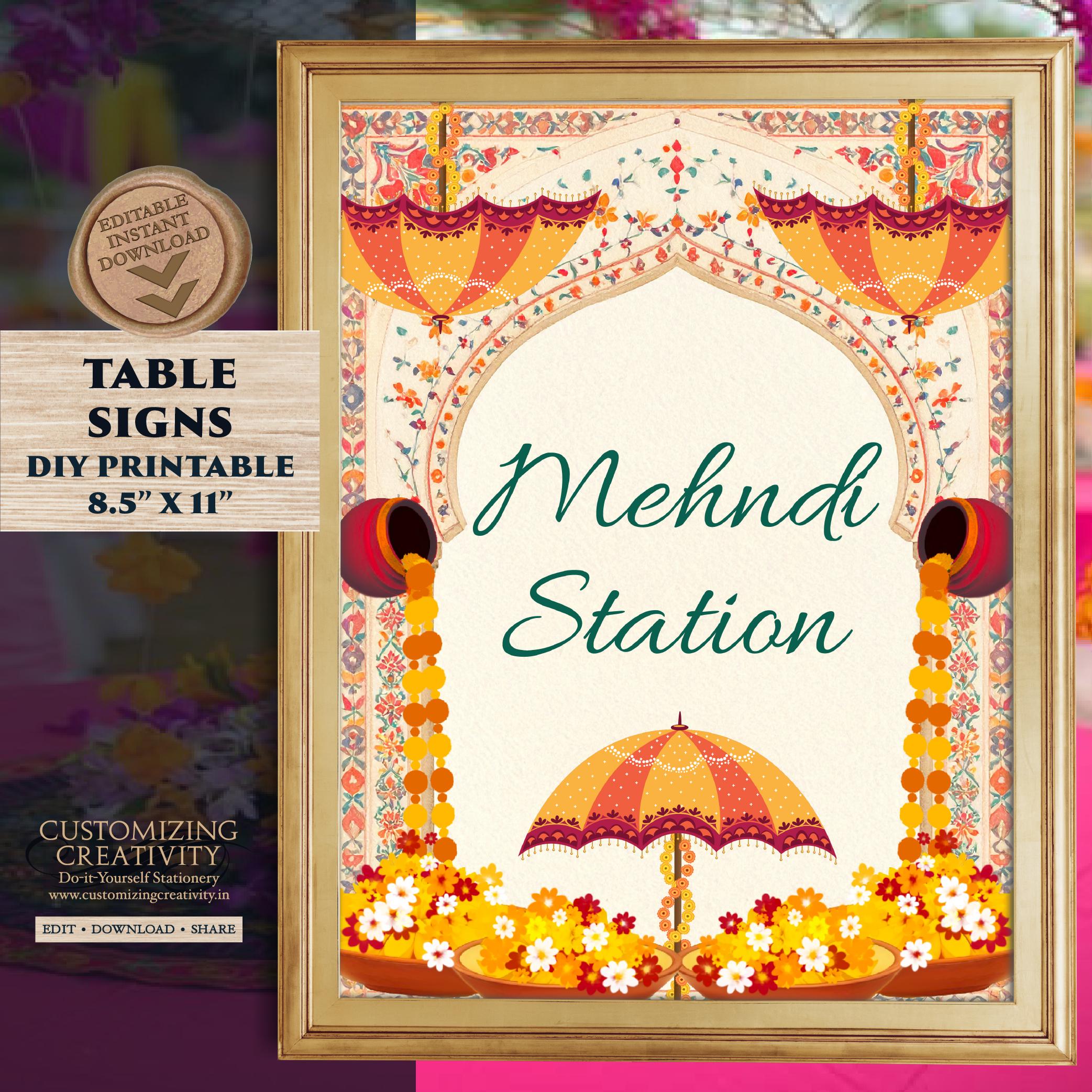 Mehndi \u0026 Haldi Decor Sign: Indian Wedding Henna Station (printable Decor,  8.5x11\, image size:2085x2085