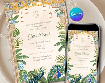 Modello di invito Gruhapravesam, download istantaneo di Canva per inaugurazione della casa indiana, Griha Pravesh Ganesha stampabile e digitale