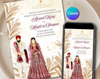 Sikh Wedding Invitation Canva Template Anand Karaj Digital Instant Download & Punjabi Wedding Card with Sikh Couple Printable invite