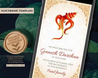 Ganesh Darshan Invitation: Floral Indian Puja Card (Digital Download)