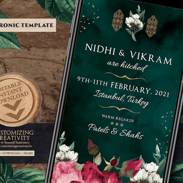 Emerald Green Save the date digital download, Emerald Save the Date Indian as Jewel tone Save the Date electronic, Hindu Save the Date DIY