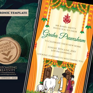 Indian Housewarming nodigt uit Digitale Gruhapravesam-uitnodiging, Grihapravesh-uitnodiging als Tamil Housewarming-uitnodiging Telugu, Gruhapravesham-uitnodiging