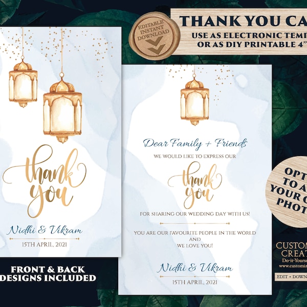 Moroccan Thank You Card Template as Arabic Thank You Notecard Indian, Hindu Thank you Wedding as Indian Thank you tag Muslim Wedding Arabic