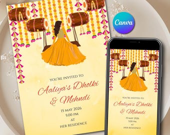 Digital Dholki Mehndi Invitation Canva as Bridal Dholak Mehendi Card | Haldi Editable Printable Digital WhatsApp Invite Instant Download