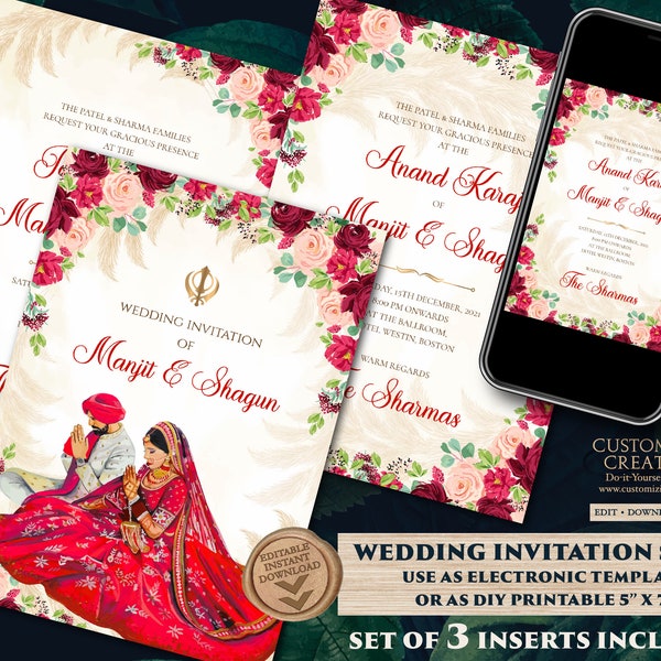 Punjabi wedding card as Sikh wedding card, Anand Karaj invitation & Sikh Wedding Invite Indian, Punjabi Wedding invite as Sikh invitations