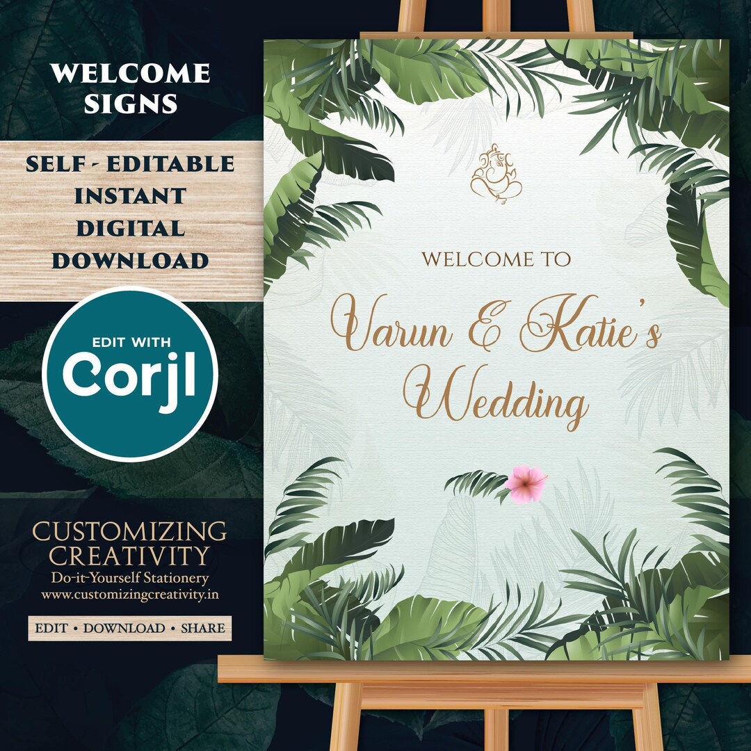 Editable Indian Wedding Welcome Sign: Tropical Greenery (digital ...