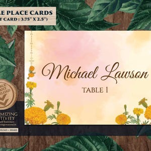 Marigold Place Cards Indian Menu as Indian table cards Hindu Wedding, Indian escort cards Marigold Name tag, Indian Dinner Food Labels Lunch