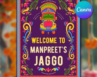 Modello Canva per insegna di benvenuto Jaggo e insegna modificabile per matrimonio indiano Punjabi, insegna per festa Jaggo con camion indiano, download immediato e stampabile.