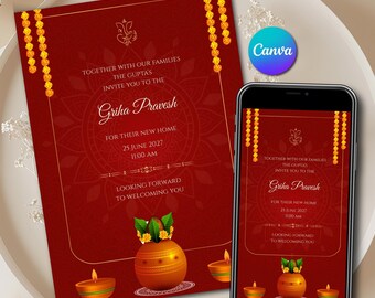 Modello di invito Griha Pravesh, invito rosso Gruhapravesam Canva, design indiano di inaugurazione della casa Ganesha Marigold download digitale stampabile