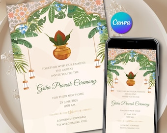 Modello di invito Griha Pravesh, disegno Canva per invito all'inaugurazione della casa indiana, download istantaneo stampabile e digitale, carta Telugu Gruhapravesam