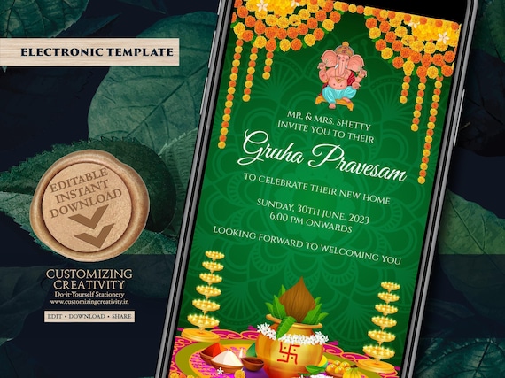 Indian Housewarming Invitation: Griha Pravesh Pooja (Digital Download)