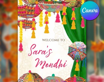 Modello di cartello di benvenuto per Mehndi, tela modificabile per matrimonio indiano, cartello notturno Mehendi con ombrello in stile Rajasthani, cartello Mendhi scaricabile e stampabile immediatamente.