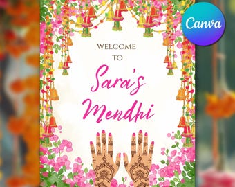 Mehndi Welcome Sign Canva Template, Indian Wedding Mehendi Sign, Henna Night Sign Printable, Mendhi Ceremony Decor Sign Instant Download