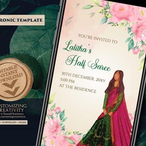 Saree function invite as Half saree invites, Saree function invitation & Half Saree Evite, Half saree invitations as Saree ceremony invite