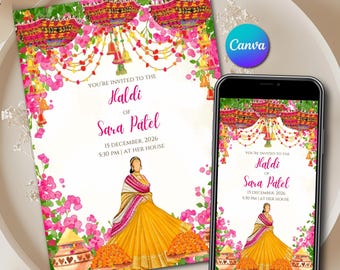 Editable Haldi Invite Digital Canva Template as Pithi invitation, Instant Download Gaye Holud invite as Digital Mayoun ceremony invite