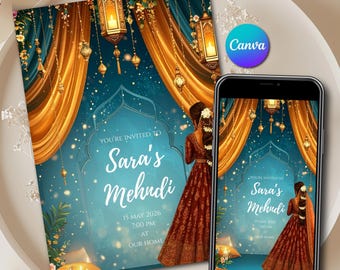 Mehndi Invitation Canva Template as Moroccan Henna Night Invite Editable, Mughal Mendhi Bridal Card Digital & Mehendi digital invitation