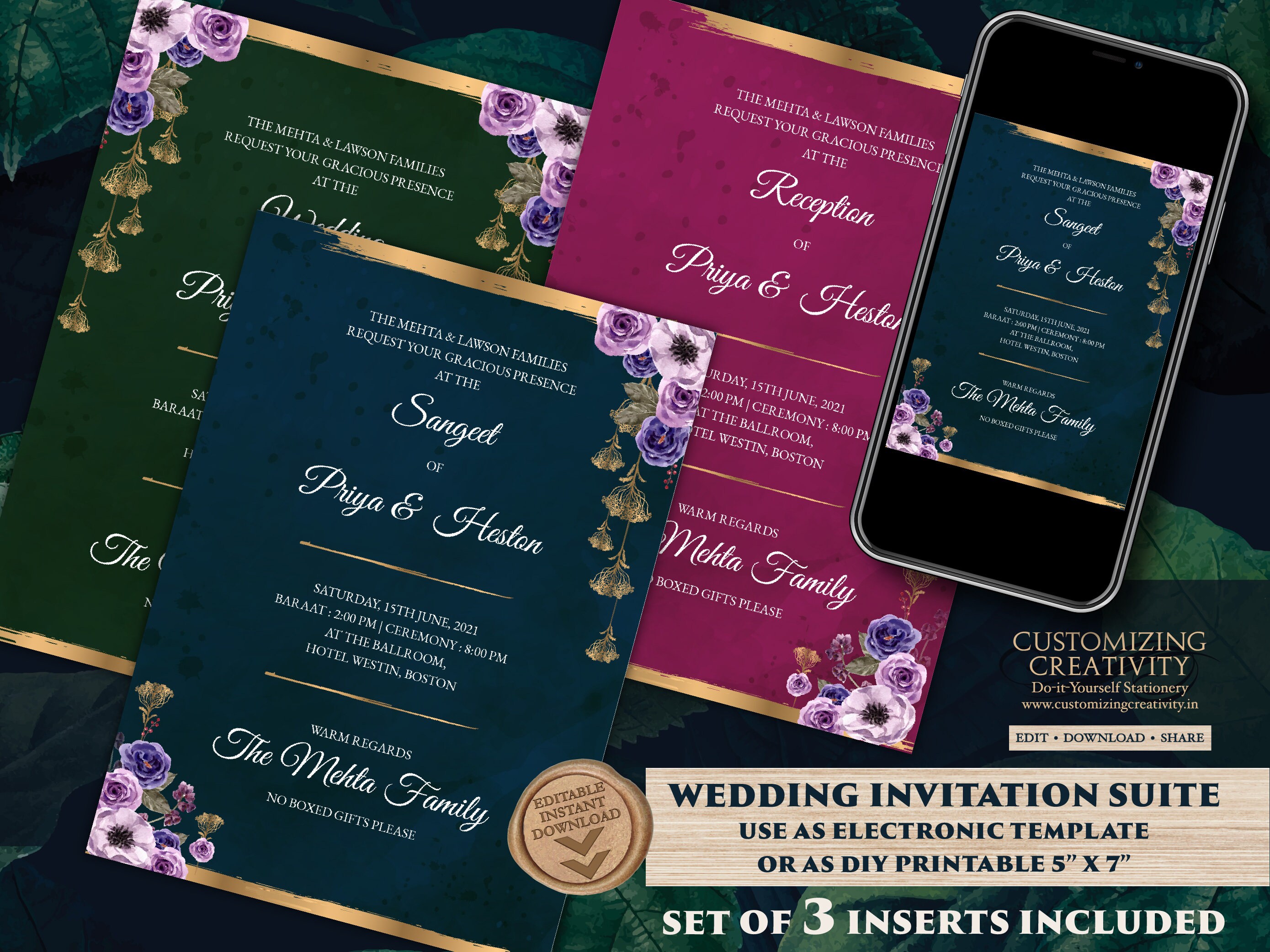 Jewel Tone Wedding Invitation Download for Fall Wedding - Etsy UK