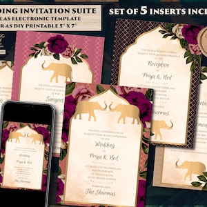 Invitations de mariage indiennes comme elephant Cartes de mariage florales, Invitations de mariage Éléphant & Invitation indienne Carte de mariage hindoue, Invitations indiennes