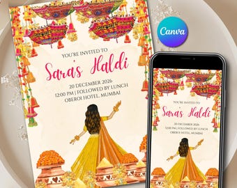 Haldi Invitation Canva Template & Digital Pithi instant download, Maiyan Mayoun printable card as Gaye Holud Digital invite Haldi ceremony