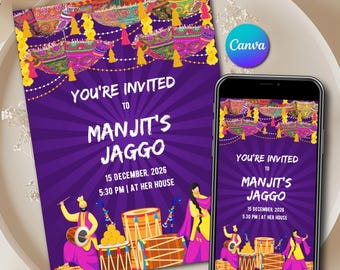 Jaggo Night Invitation Canva Template WhatsApp Card | Punjabi Bhangra invite with Dhol & Editable Jaggo invite Digital Instant Download
