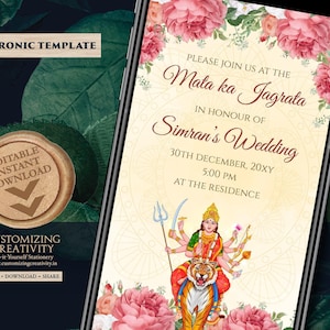 Mata ka Jagrata invitation Mata ki Chowki invite, Chowki puja invitations & Maa Sherawali invites, Mata Rani invites as Indian pooja invites