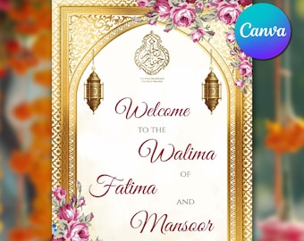 Modello di cartello di benvenuto per Walima su Canva, Cartello di benvenuto per matrimonio musulmano stampabile, Cartello per matrimonio islamico, Cartello di benvenuto per Nikah, Decorazioni per matrimonio musulmano