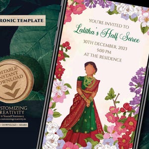 Saree function invitation & Half Saree Evite, Half saree invitations as Saree ceremony invite, Saree function invite as Half saree invites