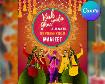 Viah Wala Ghar Welcome Sign Canva Template, Punjabi Wedding Week Sign as Sikh Wedding Welcome Sign Printable, Bhangra Wedding Sign