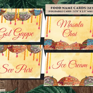 Etiqueta de comida de casamento indiano Mehndi, cartão de lugar do menu indiano e decoração Mehndi, decoração de casamento indiano Mehdni Food Label indiano, barraca de comida indiana
