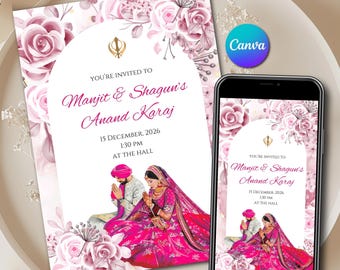 Digital Anand Karaj Invitation Instant Download Template & Sikh Wedding Couple Blush Pink Editable Canva invite as Punjabi Wedding Invite