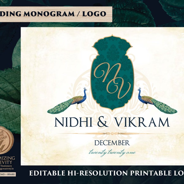 Logotipo de boda india para monograma de invitación de pavo real, monograma indio como iniciales personalizadas de pavo real, diseño de monograma digital de cresta de boda hindú