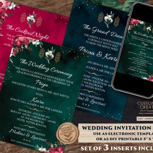 Emerald Green Wedding Invitation Card with Burgundy & Gold Invitation for a Royal Wedding, DIY Wedding templates with Navy Floral Wedding