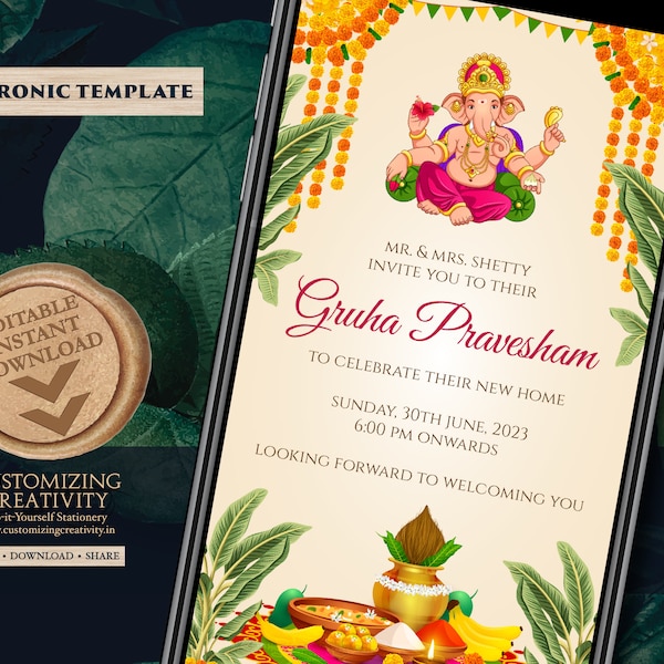 Gruhapravesham invitation & Grihapravesh invite, Indian Housewarming invitation as Indian Pooja invite, Gruhapravesam invite Puja invitation