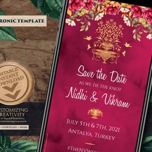 Enregistrer la date de téléchargement numérique du modèle modifiable pour votre invitation de mariage royal indien en marron avec des fleurs, des oiseaux et un motif indien doré
