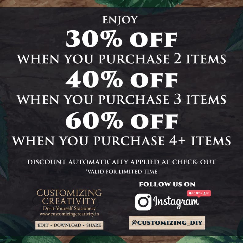 The image is a promotional advertisement for a product that offers discounts on purchases of various quantities of items. It features a dark background with white text and images, and includes a call to action for customers to follow the brand on social media platforms.