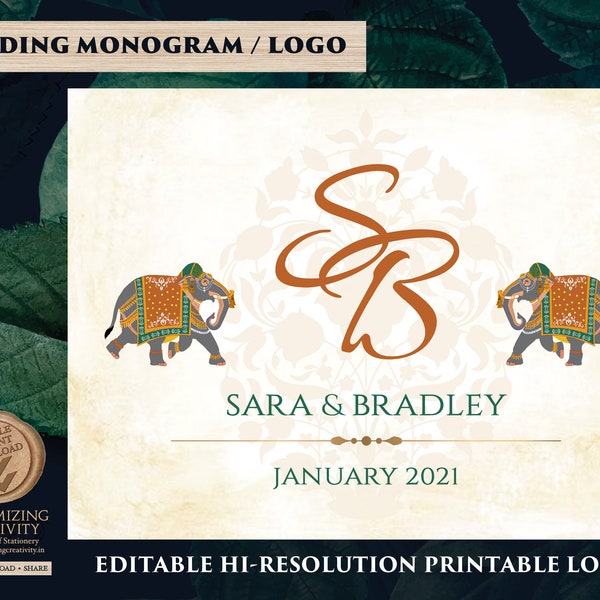 Monogramme de mariage indien pour le logo de mariage indien, monogram d’éléphant comme monogramme d’invitation indienne, monogramme personnalisé avec logo de crête indienne