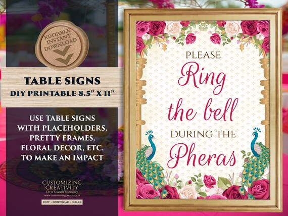Indian Ring the Bell Sign Hindu Wedding Decor, Desi Decor Hindu Wedding  Decor & Hindu Pheras Decor, Desi Wedding Decor Indian Table Sign 