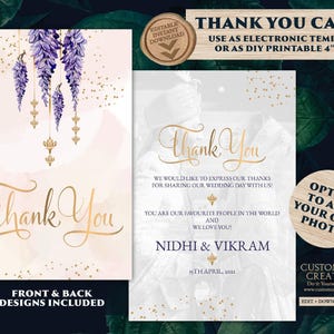 Purple Floral Wedding Thank You Cards: Indian Photo Notes (Digital Download)