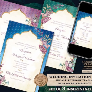 Jewel Tone Wedding Invitation Template Télécharger pour Boho Indian Wedding, Royal Invitation Suite Carte d’invitation indienne avec Jewel Tones