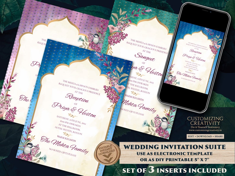 Jewel Tone Wedding Invitation Template Download for Boho | Etsy