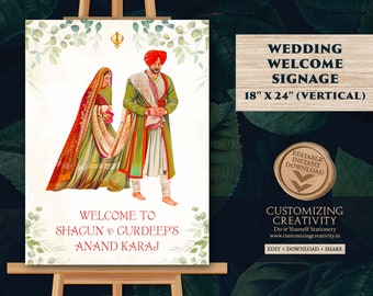 Welcome Anand Karaj Signs, Welcome Sikh Wedding sign & Sikh Wedding Welcome Signs, Punjabi Wedding sign Indian as Sikh Welcome Wedding Signs