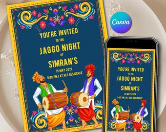 Digital Jaggo Invitation Canva Template & Punjabi Jaggo Card Printable, Digital Sikh Jago Night invite WhatsApp Instant Download Canva