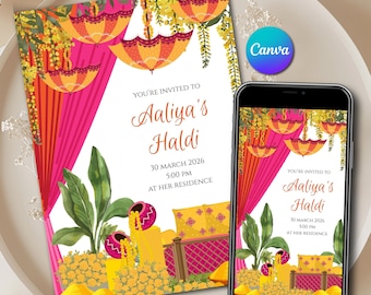Digital Haldi Invitation Template & Canva Pithi Ceremony Invite Printable, Indian Wedding Ubtan ceremony for Gaye Holud Instant Download