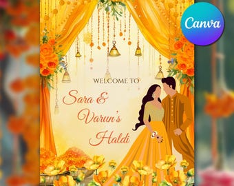 Wedding Haldi Sign Template Pithi welcome Sign Instant Download & Indian Wedding Welcome Sign Editable Canva Template, Haldi ceremony signs