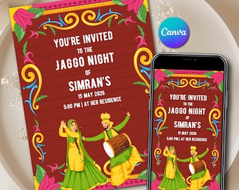 Punjabi Jaggo Night Invitation Template Canva & Dhol Jago Card Printable, Digital Sikh Wedding Pre-Wedding Jaago invite Instant Download