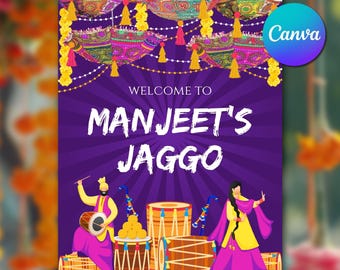 Jaggo Welcome Sign Template Punjabi Wedding Welcome Sign Canva, Jaggo Night Sign Printable, Sikh Wedding Decor Sign Instant Download