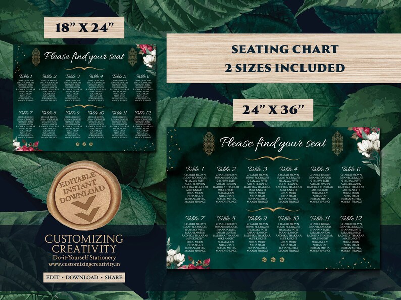 Emerald Green Seating Chart Template & Emerald Wedding Seating Etsy